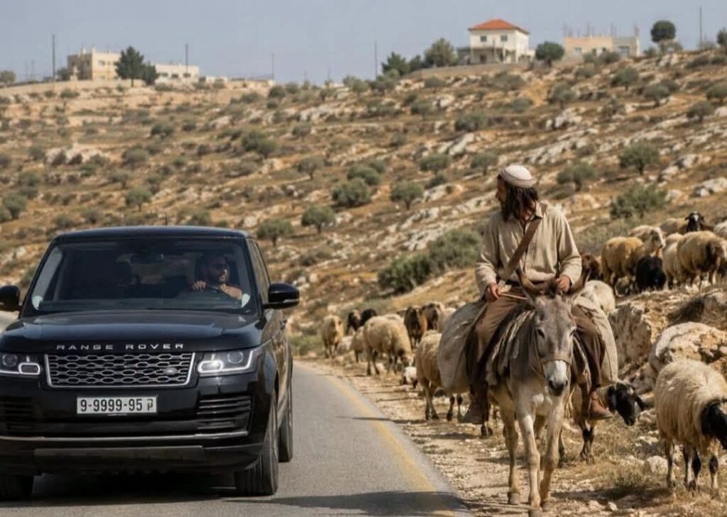 صورة المستوطن على الحمار بجانب مركبة فارهة مولدة بالذكاء الاصطناعي